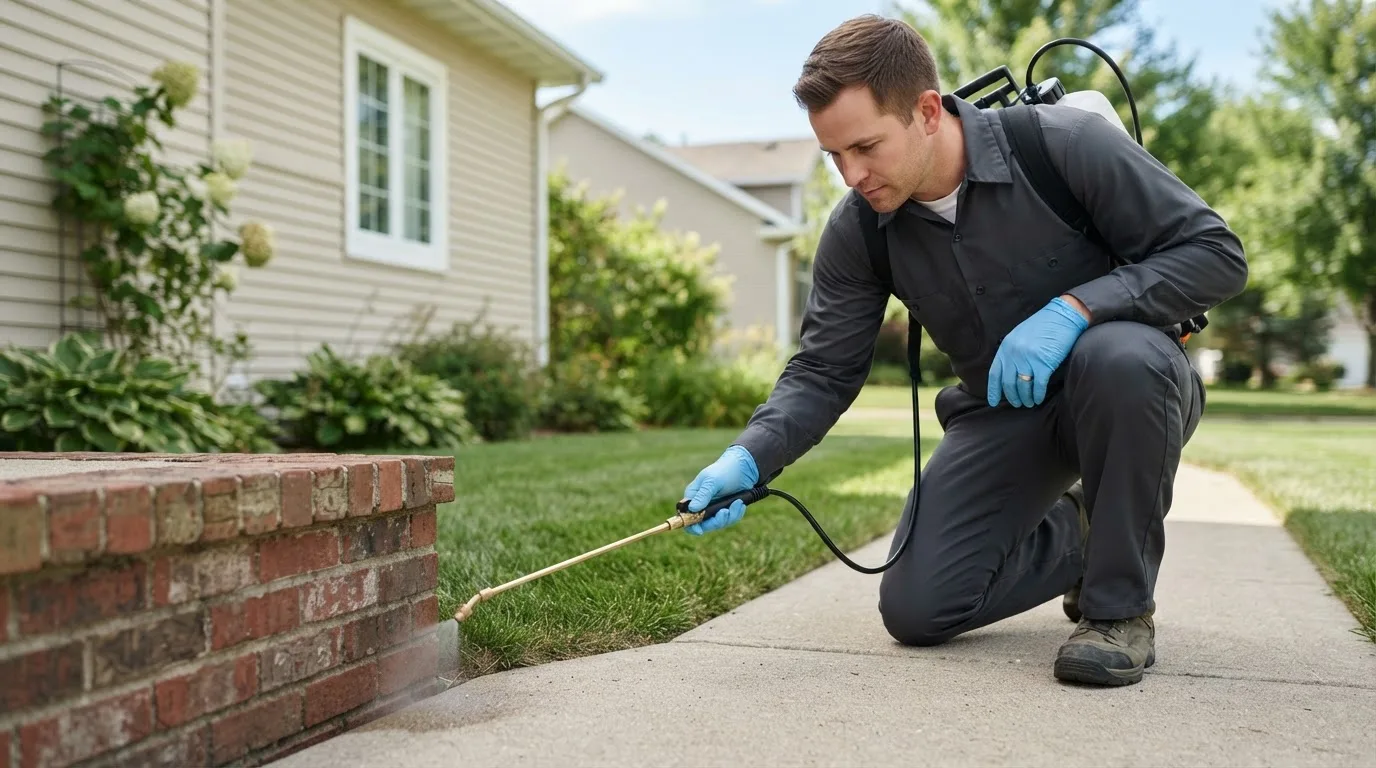 Pest control technician treating a home near Candler, NC